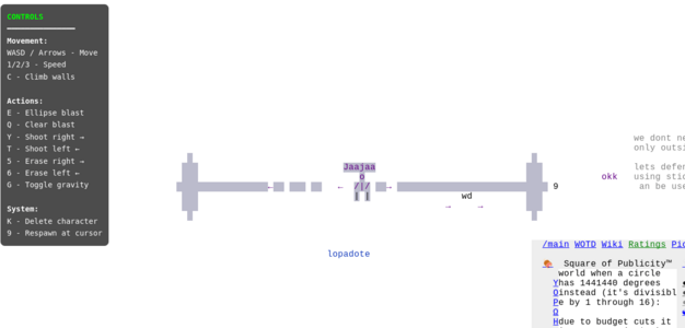 UI and controls(Purple highlights are from the script exceeding OWOT's ratelimit by pasting too fast. Another side effect of this is that certain animations often leave behind afterimages.)