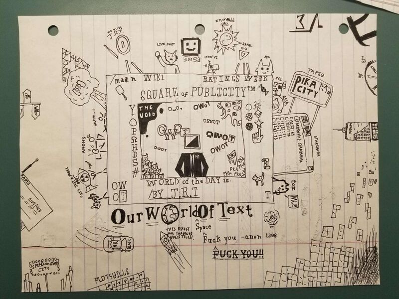 Another compilation of Spawn phenomena, featuring new additions such as lime.owot, Guest-1052, Akatas, AndreiXYZ, Pika City, Tap20, Chat, Starianna, Fox's kijetesantakalu and rocket , D9eoead's floral diagrams, Mr. Black's car, Plotsville, and various art by JRT