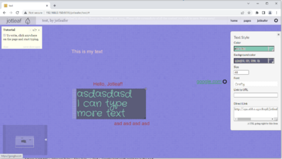 FP selfhosting Jotleaf pt. 2, notice the different fonts, customizable text sizes, and map of the page a the bottom left corner