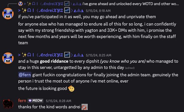 Andrei congratulating Fern after she is made admin on the OWOT Discord(15 May 2024)