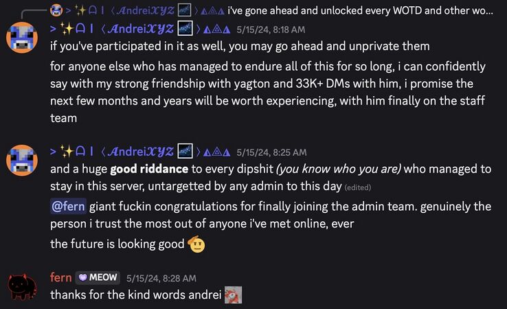 Andrei congratulating Fern after she is made admin on the OWOT Discord(May 15th, 2024)