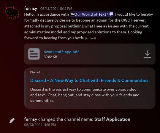 Fern's application for Admin.