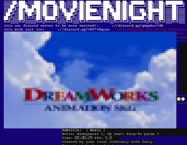 Catha'Vi's movie night script rendered films using half blocks. It ran exclusively in a dedicated world, where the higher rate limit allowed footage to be played at a relatively smooth ~5 fps.