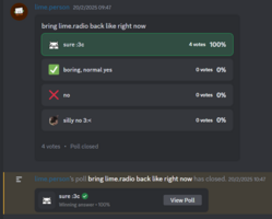 lime.owot hosts a poll in #questions of the OWoT Discord server asking if he should "bring lime.radio back like right now".
