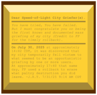 Plaque from after Speed of Light City was griefed for the first time.