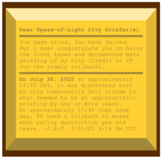 Plaque from after SoL City was griefed for the first time