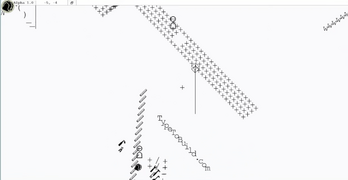 The player character can interact with text, here it is seen standing on an ASCII ledge...