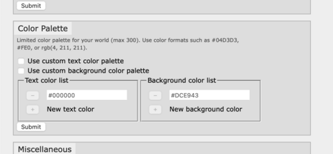 New Color Palette menu. One of the first worlds that used this feature was /twpalette by KKosty4ka, which mimics TextWall's limited selection of colors.