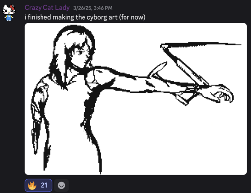 Cyberpunk art with 21 :fire: reacts, the most any post has ever received on the OWOT Discord(March 26th, 2025)